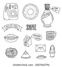 Set of hand-drawn cute modern stickers. Lovely simple illustrations. Fashion patch badges, pins, patches in cartoon 80s-90s comic style.