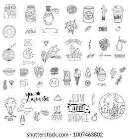 Set of hand-drawn cute modern stickers. Lovely simple illustrations. Fashion patch badges, pins, patches in cartoon 80s-90s comic style.