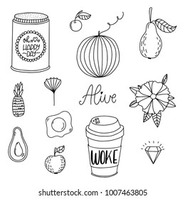 Set of hand-drawn cute modern stickers. Lovely simple illustrations. Fashion patch badges, pins, patches in cartoon 80s-90s comic style.