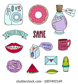 Set of hand-drawn cute modern stickers. Lovely simple illustrations. Fashion patch badges, pins, patches in cartoon 80s-90s comic style.