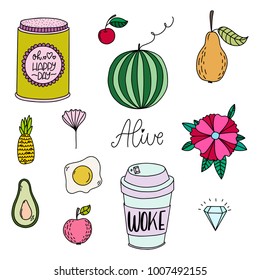Set of hand-drawn cute modern stickers. Lovely simple illustrations. Fashion patch badges, pins, patches in cartoon 80s-90s comic style.