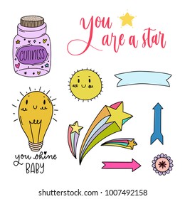 Set of hand-drawn cute modern stickers. Lovely simple illustrations. Fashion patch badges, pins, patches in cartoon 80s-90s comic style.