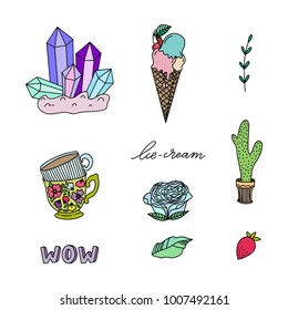 Set of hand-drawn cute modern stickers. Lovely simple illustrations. Fashion patch badges, pins, patches in cartoon 80s-90s comic style.