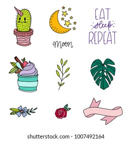 Set of hand-drawn cute modern stickers. Lovely simple illustrations. Fashion patch badges, pins, patches in cartoon 80s-90s comic style.