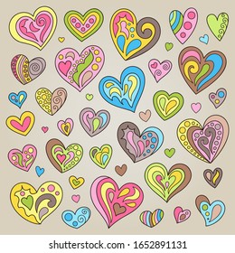 Set of Handdrawn Cute Pink, Green, Yellow, Brown, Blue, Hearts. Kit of Cartoon Romantic Prints with Patterns Pastel Colors.