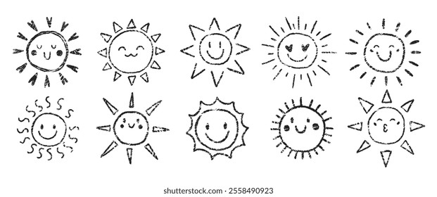 Set of handdrawn cute sun with crayon, chalk or pastel texture. Summer kids illustration with doodle style. Grunge vector illustration.