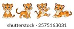 A set of hand-drawn cute tiger cubs. Cubs in different poses isolated on a white background. Vector illustration.  It can be used on children