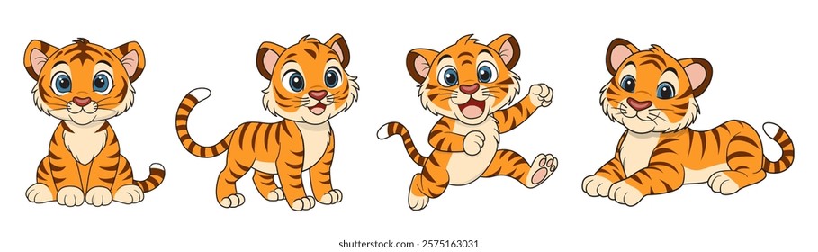 A set of hand-drawn cute tiger cubs. Cubs in different poses isolated on a white background. Vector illustration.  It can be used on children's T-shirts, textiles, printing.