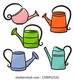 Set of hand-drawn cute watering cans. Garden canister icons isolated on white background. Spring vector illustration for banner design, web design, posters and cards.
