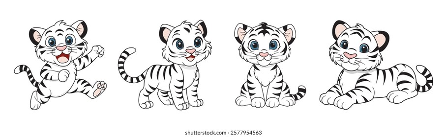 A set of hand-drawn cute white tiger cubs. Albino tigers in different poses isolated on a white background. Vector illustration.  It can be used on children's T-shirts, textiles, printing.