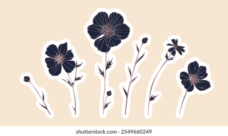 A set of hand-drawn cute wildflower stickers.