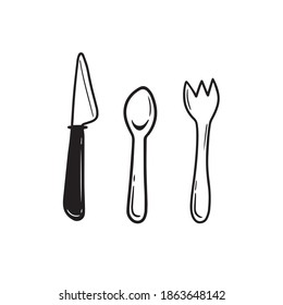 A set of hand-drawn cutlery elements: knife, spoon, fork. Vector doodle illustration