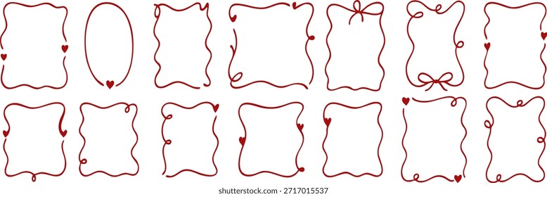 Conjunto de marcos de San Valentín dibujados a mano con corazones y líneas románticas. Lindos bordes de doodle para tarjetas de amor, invitaciones, carteles y diseños del 14 de febrero