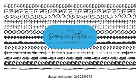 Conjunto de bordas decorativas desenhadas à mão e padrões sem emenda. Elementos de estilo tribal, boho, étnico e doodle. Perfeito para design, scrapbooking e decoração.