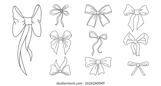 Set of hand-drawn decorative bows in black line art style. Collection includes various ribbon bows with different shapes, sizes, and tie styles, suitable for design projects, greeting cards, packaging