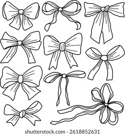 Set of Hand-Drawn Decorative Bows in Various Styles and Designs. Collection of artistic black and white illustrations featuring different bow styles perfect for decoration, crafting, or design 