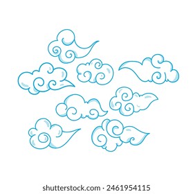 Set of hand-drawn decorative clouds in a soft blue outline style, inspired by Asian and whimsical design. Minimal line art clouds isolated on white background, ideal for illustrations, digital design, backgrounds, patterns, branding, packaging, tattoos, stickers, and creative projects with a dreamy or fantasy aesthetic.