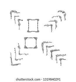 Set of hand-drawn decorative corners for frames. Vector illustration on white background.