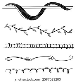 A set of hand-drawn decorative dividers, sketch-style unique ornamental lines, elegant swirl