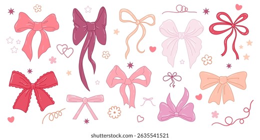 Set of hand-drawn decorative multi-colored bows. Collection includes various ribbon bows with different shapes, sizes, and tie styles, suitable for design projects, greeting cards, packaging, fashion