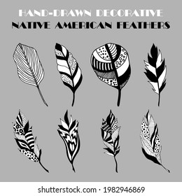 Set: Hand-drawn decorative Native American feathers with a black outline. Creative illustration. Vector illustration for web design or print.