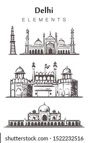 Set of hand-drawn Delhi buildings, elements sketch vector illustration. Red Fort, Humayun's Tomb, Qutb Minar Minaret, JAMA Masjid Mosque.