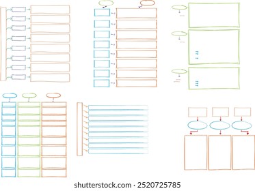 Set of hand-drawn diagrams including sketch-style frames, boxes, arrows, and speech bubbles. Great for infographic planning, visual storytelling, notebooks, and editable layouts.Set of infographic