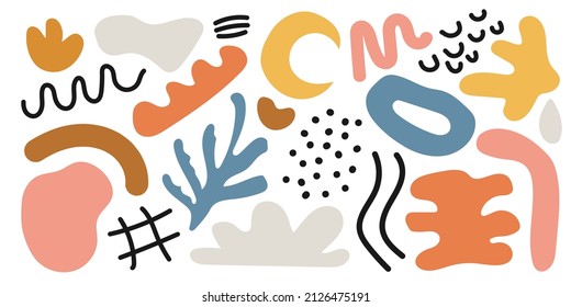 Conjunto de formas y garabatos, curvas, puntos dibujados a mano. Resumen de la moderna ilustración vectorial contemporánea. Todos los elementos están aislados. Colores pasteles, formas orgánicas, manchas, líneas