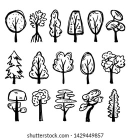 Set of hand-drawn different trees made in cartoony dodle style. Black cute illustrations isolated on white background.