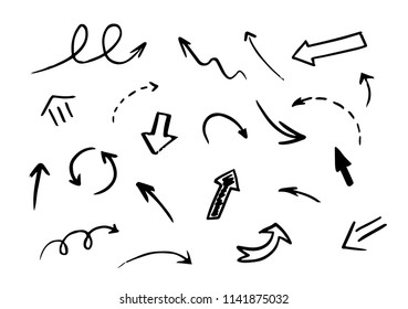 Set of hand-drawn different vector black arrows. Doodle curved and straight pointer collection isolated on white background