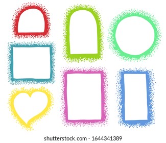 A set of hand-drawn different vector frames made of dots. Collection of colored borders. 