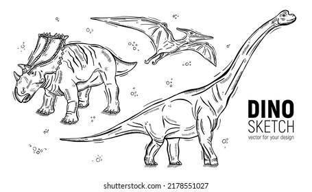 Set of hand-drawn dinosaur sketches. Diplodocus, triceratops and pteranodon