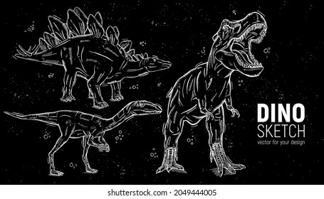 Set of hand-drawn dinosaur sketches.Stegosaurus, tyrannosaurus and deinonychus