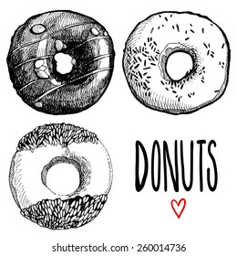 A set of hand-drawn donuts. Sketches donuts. Beautiful vector illustration for design and layout.