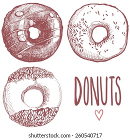 A set of hand-drawn donuts. Sketches donuts.  Pattern. Beautiful vector illustration for design and layout.