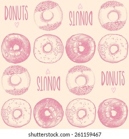 A set of hand-drawn donuts. Sketches donuts.  Pattern. Beautiful vector illustration for design and layout.