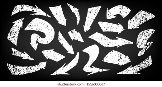 Set of hand-drawn doodle arrows. White arrows on black background in grunge style