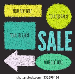 Set of hand-drawn doodle banners on blackboard. Vector illustration.