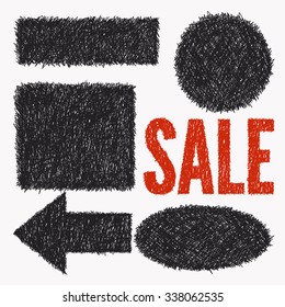 Set of hand-drawn doodle banners on blackboard. Vector illustration.