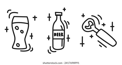 Set of handdrawn doodle beer icons in black and white cute lineart