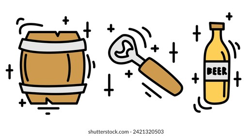 Set of handdrawn doodle beer icons in brown and yellow cute lineart
