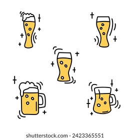 Set of handdrawn doodle beer icons in brown and yellow cute lineart