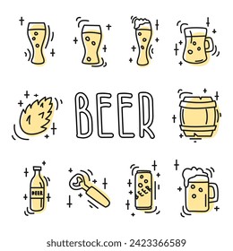 Set of handdrawn doodle beer icons in yellow color cute lineart