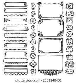 Set of hand-drawn doodle black frames and elements for bullet journal, notebook, scrapbook, planner or diary 
