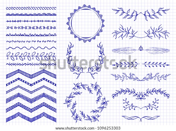 Set of hand-drawn\
doodle borders and elements. Sketch style Rustic decorative line\
borders, tribal elements. For  scrapbooking, invitations, gift and\
present cards