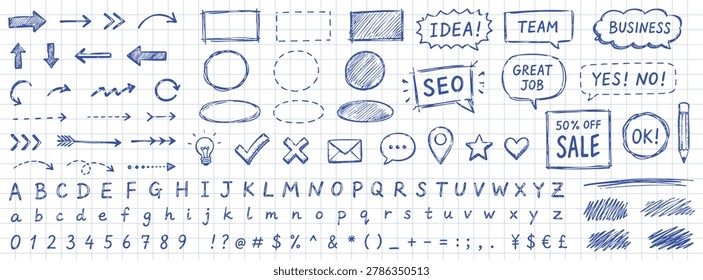 Set of hand-drawn doodle business elements, including arrows, speech bubbles, alphabet, numbers, and icons, sketched on a blue grid paper background.