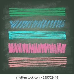 Set of hand-drawn doodle chalk banners on the green blackboard. Vector illustration.