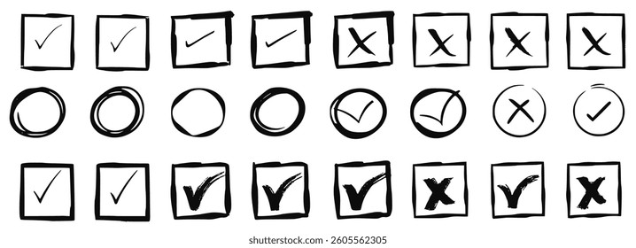 set of hand-drawn doodle check marks in circle and square frames, featuring brush stroke ticks and wrong cross markers. Perfect for vector icons, selection marks, UI elements, and design choices.	

