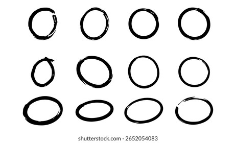 Set of hand-drawn doodle circles on white background. Collection of sketchy, irregular round shapes in various sizes and line styles. vector.