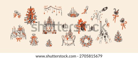 Set of handdrawn doodle crayon vintage Christmas design elements icon set. Family hime festive decoration, Christmas turkey and festive food table. New Year celebration. Tacky whimsical xmas tree